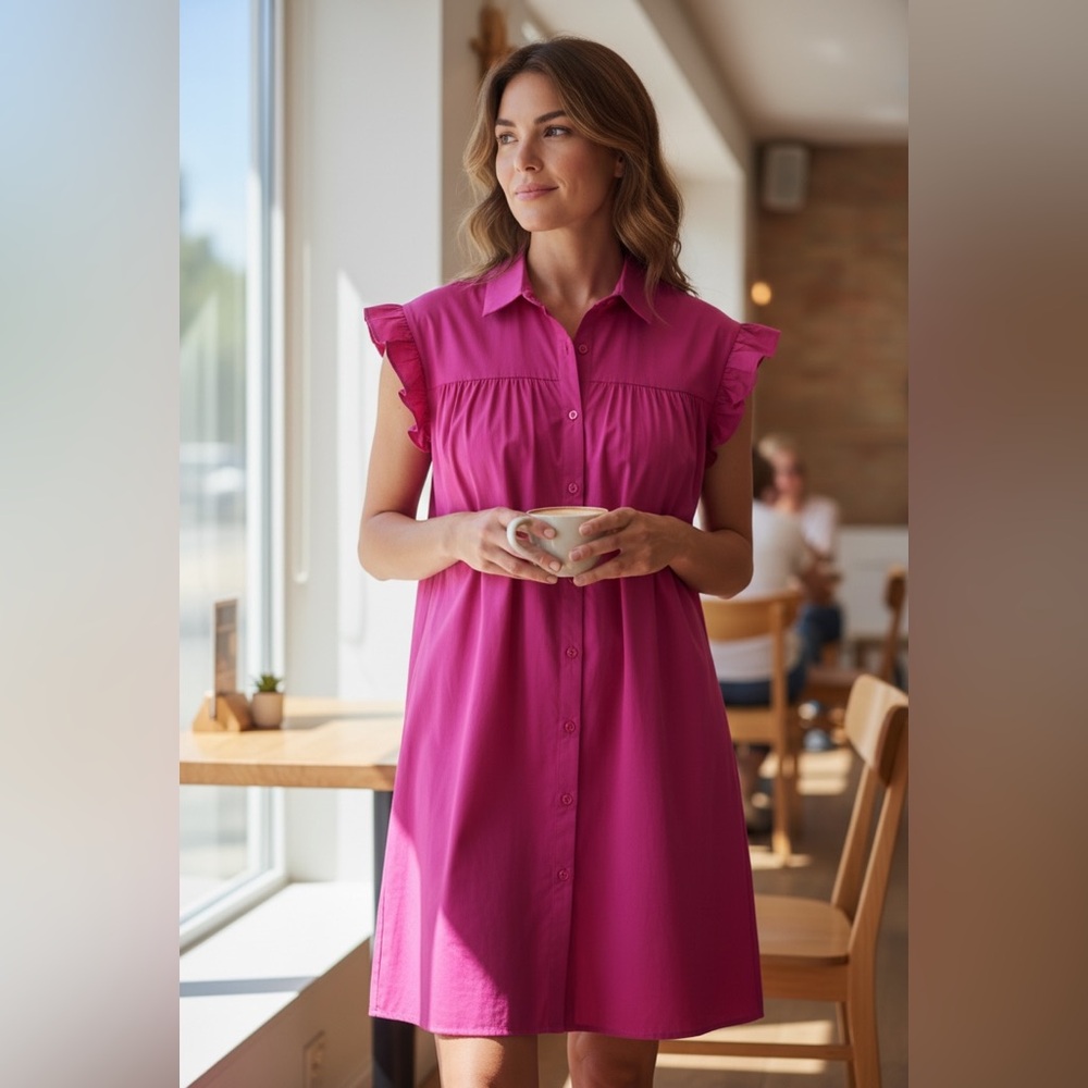 Anrabees Hot Pink Smocked Shirt Dress | Ruffle Sleeves | Button Front | Medium